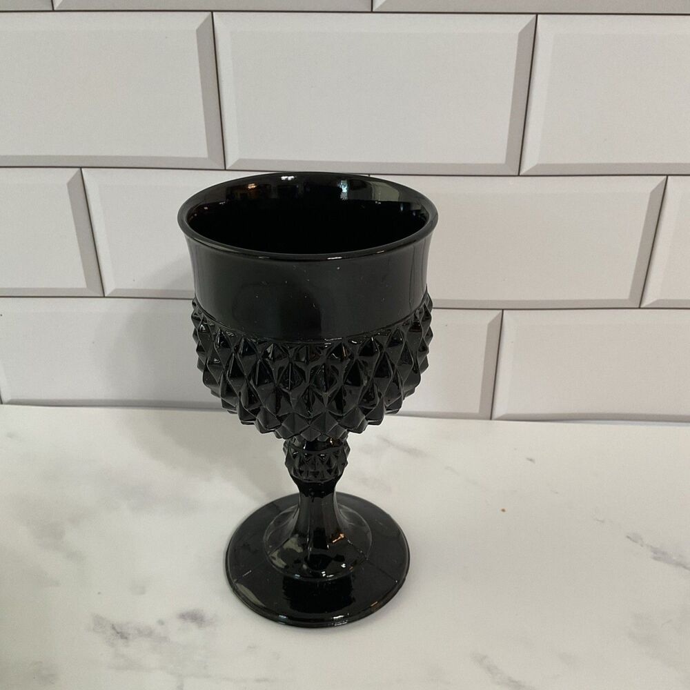 Vintage Indiana Glass Tiara Cameo Black  Diamond Point Wine Glass Goblets 5.5”.